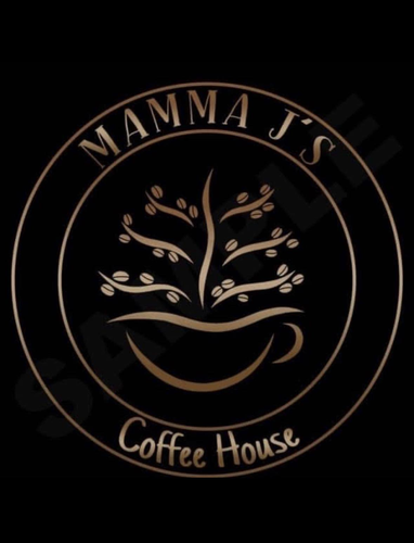 Mamma J's Coffee House circular logo featuring a coffee cup with stylized coffee bean branches, gold on black
