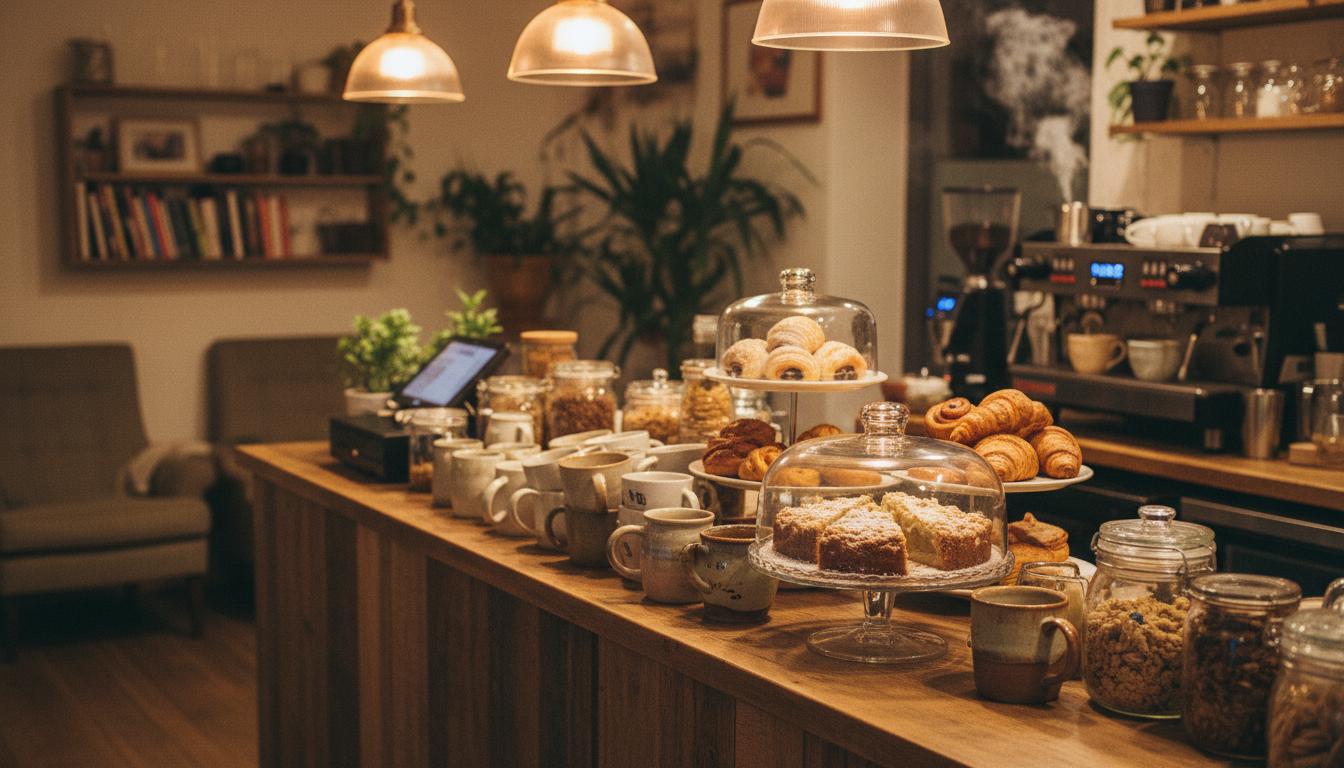 Cozy cafe seating with warm ambient lighting